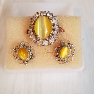 .925 silver trio of earrings & ring w/ tiger eye